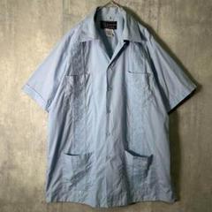 希少 メキシコ製 極上 サテン 刺繍 キューバシャツ ブルーグレー 開襟 メキシコ製 コットンキューバシャツ 半袖シャツ 2ポケット 刺繍