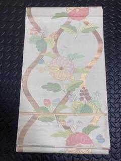 3145］袋帯 短冊扇草花文様 金銀彩 六通 正絹 着物 フォーマル