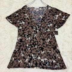 m807 美品✨リボン付きストレッチ半袖カットソー L 大人可愛い ゆったり