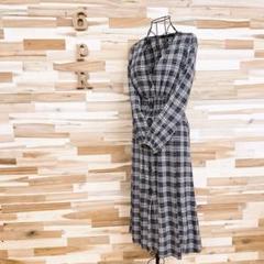 【ザラ】ギャザー ロング ワンピース 長袖 チェック 総柄 M アイボリー×黒