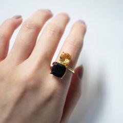 新品＊天然石 ブラックスピネル×シトリン フォークリング＊縦【フリーサイズ】指輪