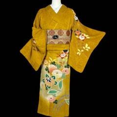 アンティーク着物 訪問着 美しい花模様 乱菊 刺繍 鳥の子色 AK-5018 アンティーク着物 訪問着 美しい花模様 乱菊 刺繍 鳥の子色 AK-5018