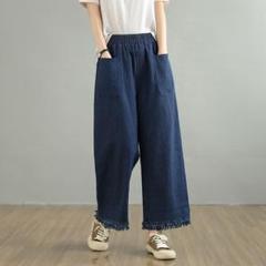 大きいサイズ 着痩せ ゆったり 無地 デニム ジーパン ワイドパンツ オシャレ