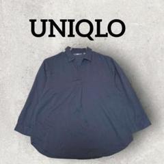 UNIQLO レーヨン スキッパーブラウス 七分袖 クレープ素材 (М)ネイビー