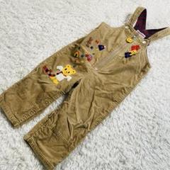 【 美品 】90 ミキハウス ブラウン 茶色 くま オーバーオール つなぎ 刺繍