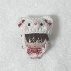 ぬい服　8cm 猫耳ニット帽、スタイセット　いちごくま　ピンク　ほわぬい