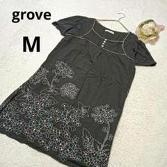 grove グローブ 半袖チュニック 花柄 黒 綿 フェミニン トップス/M
