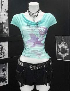 ミントグリーン 花柄 半袖Tシャツ ピチT
