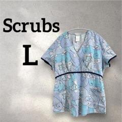 Scrubs 【L】花柄 ラップデザイン 半袖トップス ブルー