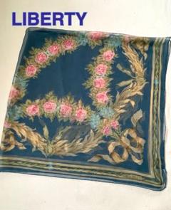 LIBERTY シルク100% シフォン　大判スカーフ　くすみブルー地花模様