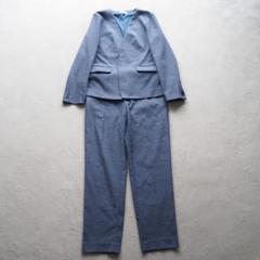 PLST リネン混 ノーカラー セットアップ パンツスーツ ブルー Lサイズ PLST リネン混 ノーカラー セットアップ パンツスーツ ブルー L