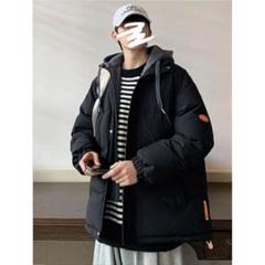 ダウンジャケット ブラック M 重ね着風 フード付き ダウンコート 防寒