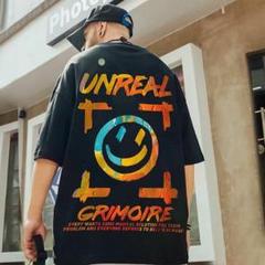 カラフル レインボー ニコちゃん スマイル 可愛いプリントTシャツ 黒T 韓国服