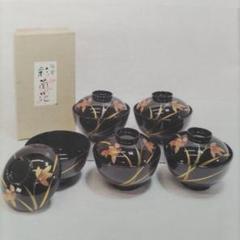 未使用:未開封)会津塗 溜塗 彩蘭花 亀仙 吸物椀 漆器椀 5客会津塗溜塗 