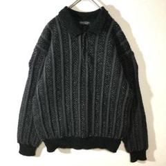 【個性派古着】襟付きデザインポロニット　　シックな配色　ダークグレー　メンズM