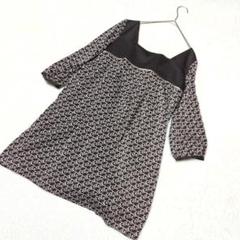 326◎エプローブ 七分袖チュニックワンピース【Ｍ】ブラウン 昭和レトロ 総柄