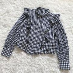 H&M 長袖　フリルシャツ　チェック　Mサイズ　長袖ブラウス　黒白　綿　コットン
