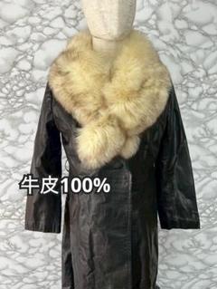 159【ファー襟付き薄手の牛皮100％黒コート】13号