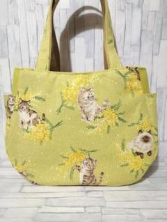 子猫＆ミモザ(イエロー)【チューリップバッグ(肩がけ)】ハンドメイド
