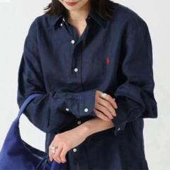 極美品✨大人気ラルフローレン ボタンダウンリネンシャツ ネイビーのサムネイル