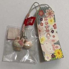 ハローキティ 和柄 うさぎ ちりめんペア　根付けストラップ　フロッキー素材 ハローキティ 和柄 うさぎ ちりめんペア 根付けストラップ