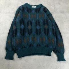 昭和レトロパターン柄ニットセータークルーネックウールグリーン古着