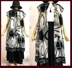 新品 涼しいコットンガーゼロングシャツワンピース ジレ/黒白アート抽象画M～L