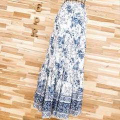 希少【ザラ】レトロ フラワー 花柄 ロング スカート シャドー チェック 白×青