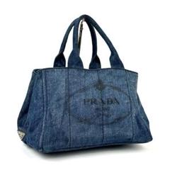 【美品】プラダ　カナパ　ハンドバッグ　三角ロゴ　ゴールド金具　デニム　ブルー