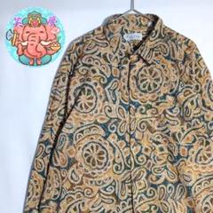 総柄シャツ 黄色×緑×青 ボタニカル調 民族調 ニナリッチ Lサイズ