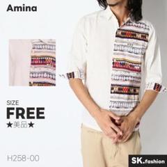 ★美品★ Amina トップス　シャツ　七分袖　民族柄　スタッズ　胸ポケット
