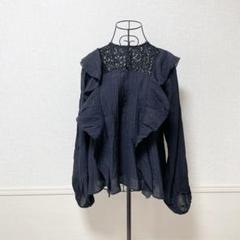 ♡オメカシ♡ 長袖ブラウス　ボリュームフリル　レース　ブラック　コットン混　F