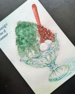 水彩画 宇治金時 はがきサイズ
