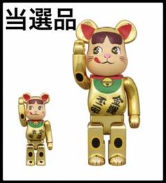 不二家ペコちゃんベアブリック　招き猫　金運ダブル小判　金メッキ100%400%のサムネイル