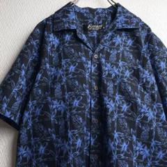 古着 アロハシャツ 柄シャツ 総柄 開襟 オープンカラー ブラック ブルー 半袖