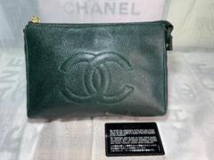 CHANEL シャネル　キャビアスキン　レザー　ポーチ　グリーン　Gカード　73 CHANEL シャネル キャビアスキン レザー ポーチ グリーン G