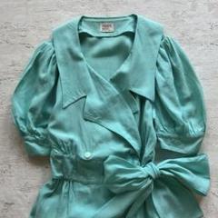 昭和レトロラップドレス半袖膝丈ワンピースウエストリボン付グリーンフリーサイズP1