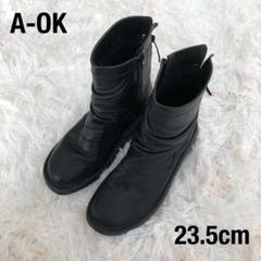 【美品】A-OKエーオーケー皺加工レザーブーツサイドジップ黒ブラック23.5cm 美品】A-OKエーオーケー皺加工レザーブーツサイドジップ黒