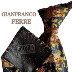 CianfrancoFERREネイビー金花柄 赤模様ネクタイ小紋柄イタリア製