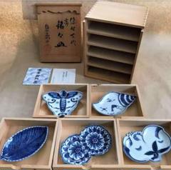 1696 林源右衛門 染付 古染風 梅紋 銘々皿 角皿5客