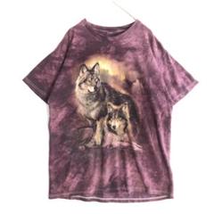3104　オオカミ　アニマル　ビッグプリント　半袖　Tシャツ　タイダイ　紫
