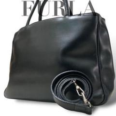 【美品】フルラ トートバッグ オールレザー ロゴ型押し ブラック 手提げ肩掛け