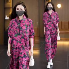 2点 セット 上下 おしゃれ度高め 着痩せ プリント Tシャツ テーパードパンツ