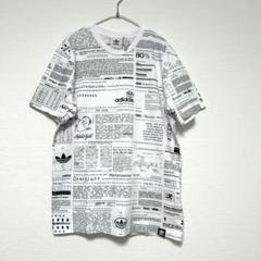 adidas アディダス 総柄プリントTシャツ モノクロロゴテキスト 半袖 M
