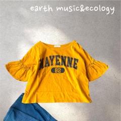1025＊アース【F】Tシャツ　ギャザー袖　ロゴ　カジュアル　イエロー　オレンジ