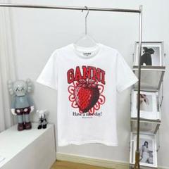 GANNI ファッション イチゴパターンプリント ガニー コットン 半袖Tシャツ GANNI ファッション イチゴパターンプリント ガニー コットン
