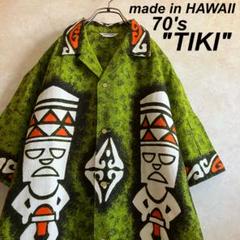美品 70's HAWAII製 "TIKI" ティキ アロハシャツ 緑 L
