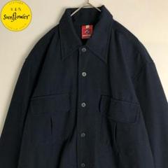 【長袖シャツ　ワークシャツ　ダブルポケット　シンプル　紺色　古着】