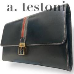 【美品】アテストーニ　クラッチバッグ　サイド　ロゴ金具　レザー　黒　手提げ高級感