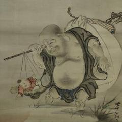 真作/佐竹永海/狩野永海/彦根藩御用絵師/布袋図/人物/布袋屋掛軸HK-123 真作/佐竹永海/狩野永海/彦根藩御用絵師/布袋図/人物/布袋屋掛軸